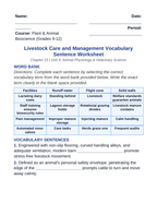 Livestock Care & Management Fill-in-the-Blank Vocabulary Worksheet sample page