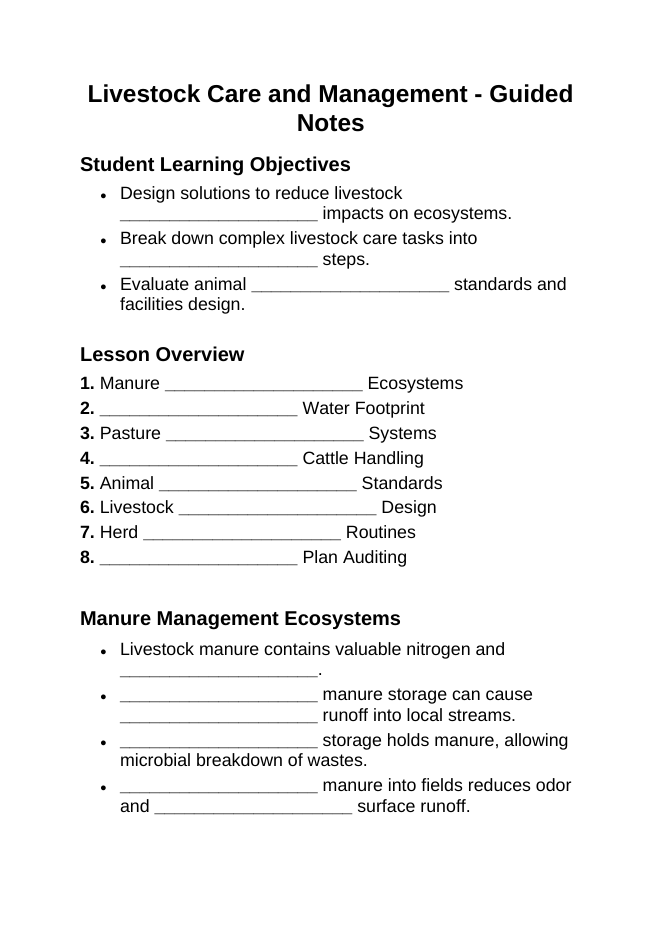 Livestock Care & Management Guided Notes sample page