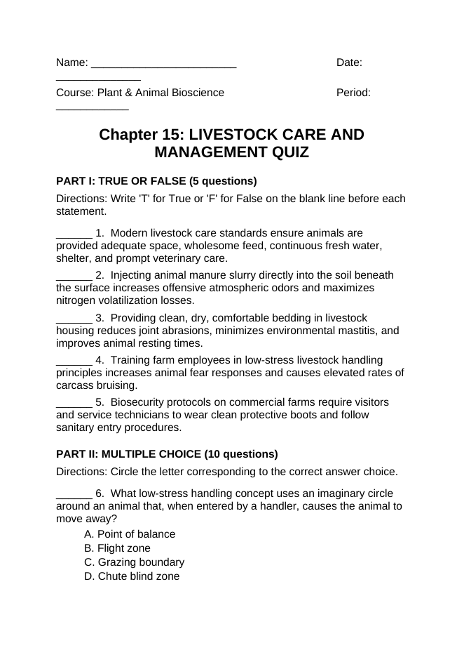 Livestock Care & Management Lesson Quiz sample page