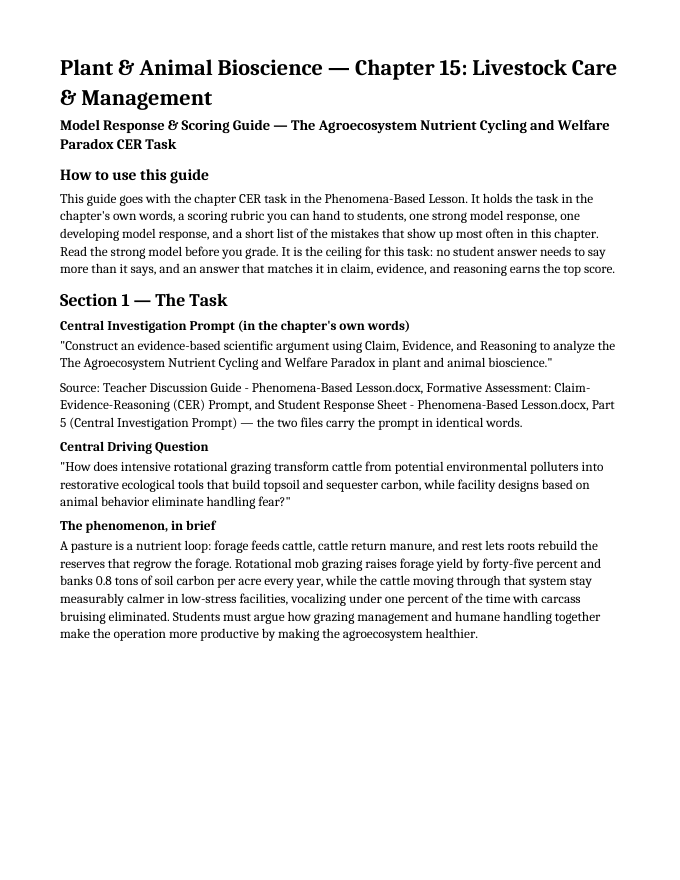 Livestock Care & Management Model Response & Scoring Guide sample page