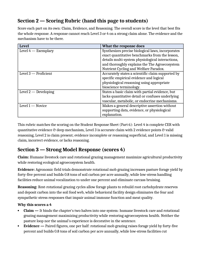 Livestock Care & Management Model Response & Scoring Guide sample page