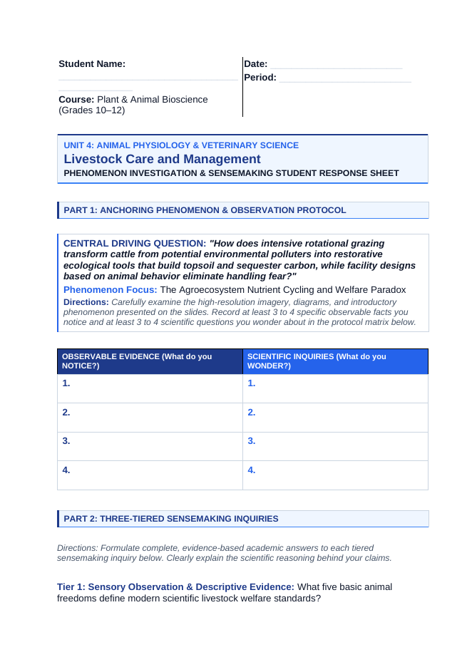 Livestock Care & Management Phenomena-Based Lesson: The Agroecosystem Nutrient Cycling and Welfare Paradox Student Response Sheet sample page