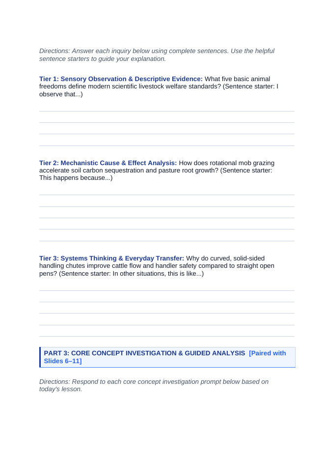 Livestock Care & Management Scaffolded Phenomena-Based Lesson: The Agroecosystem Nutrient Cycling and Welfare Paradox Student Response Sheet sample page