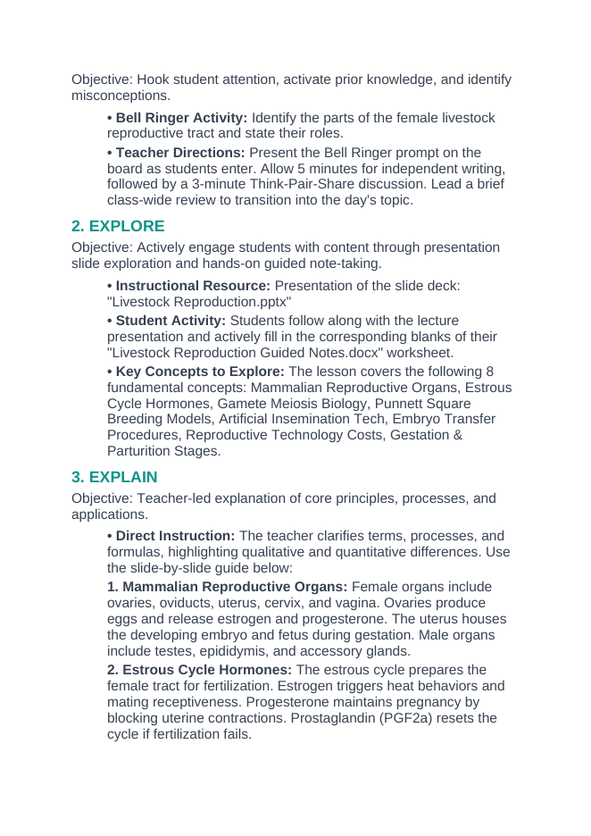 Livestock Reproduction 5E Lesson Plan sample page