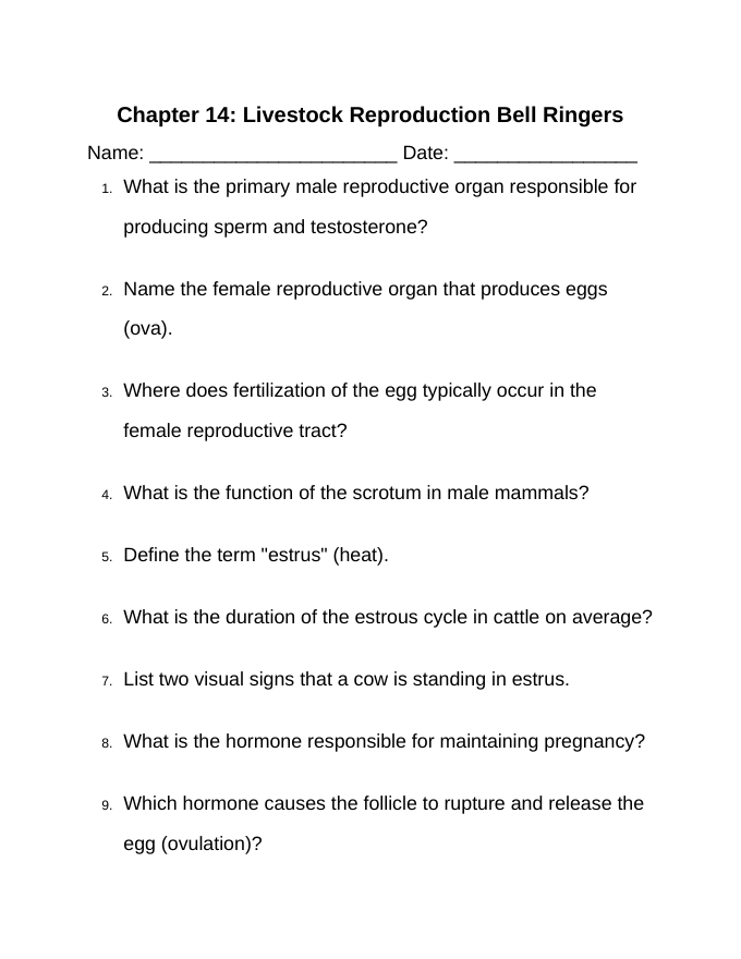 Livestock Reproduction Bell Ringers & Exit Tickets sample page