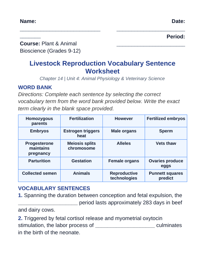 Livestock Reproduction Fill-in-the-Blank Vocabulary Worksheet sample page
