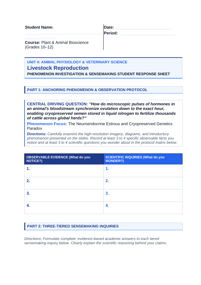 Livestock Reproduction Phenomena-Based Lesson: The Neuroendocrine Estrous and Cryopreserved Genetics Paradox Student Response Sheet sample page