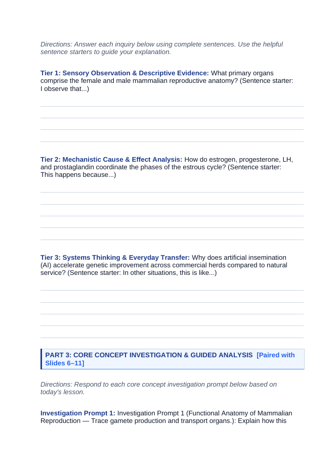 Livestock Reproduction Scaffolded Phenomena-Based Lesson: The Neuroendocrine Estrous and Cryopreserved Genetics Paradox Student Response Sheet sample page