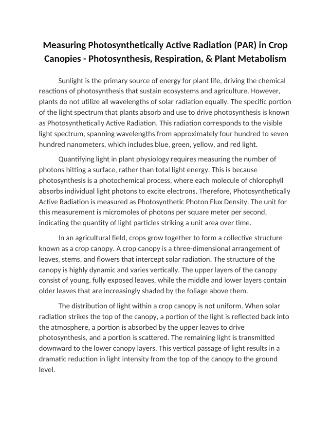 Measuring Photosynthetically Active Radiation (PAR) in Crop Canopies Reading Worksheet sample page