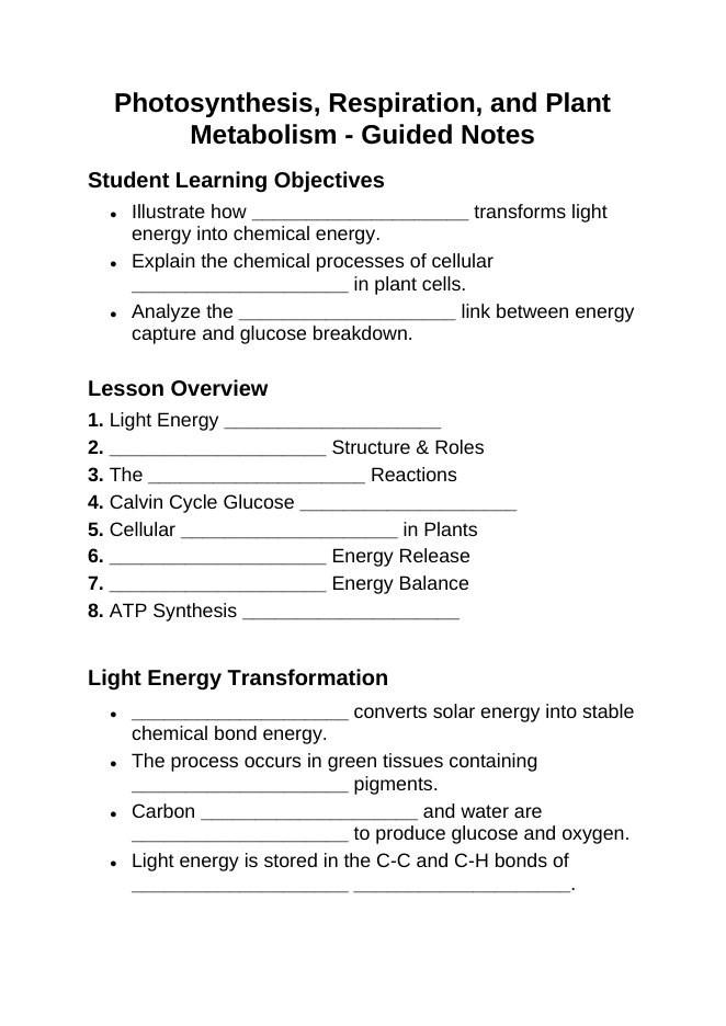 Photosynthesis, Respiration, & Plant Metabolism Guided Notes sample page
