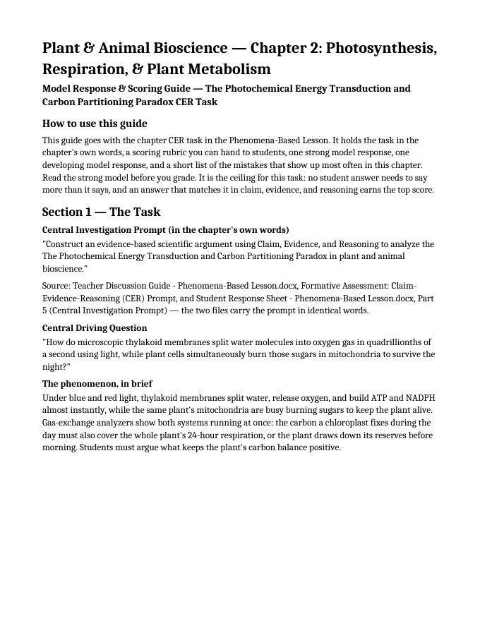 Photosynthesis, Respiration, & Plant Metabolism Model Response & Scoring Guide sample page