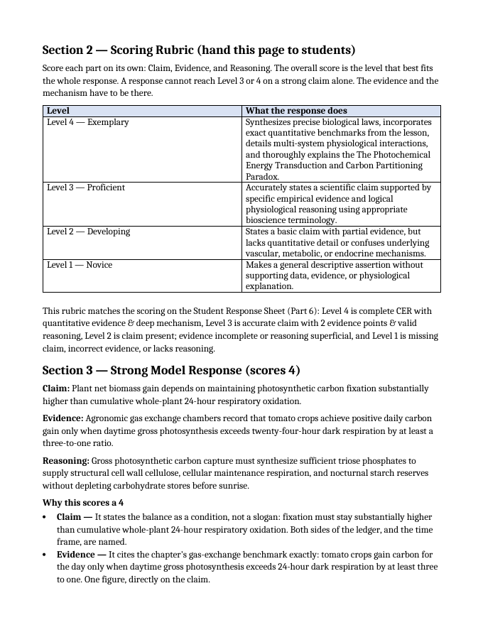 Photosynthesis, Respiration, & Plant Metabolism Model Response & Scoring Guide sample page