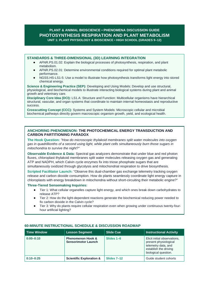 Photosynthesis, Respiration, & Plant Metabolism Phenomena-Based Lesson: The Photochemical Energy Transduction and Carbon Partitioning Paradox Teacher Discussion Guide sample page