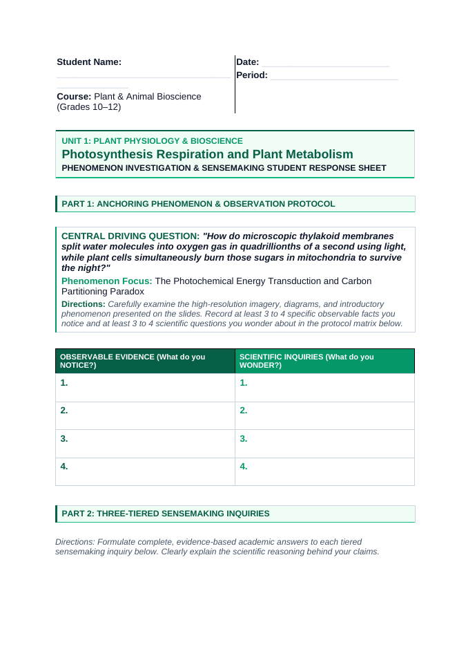 Photosynthesis, Respiration, & Plant Metabolism Phenomena-Based Lesson: The Photochemical Energy Transduction and Carbon Partitioning Paradox Student Response Sheet sample page