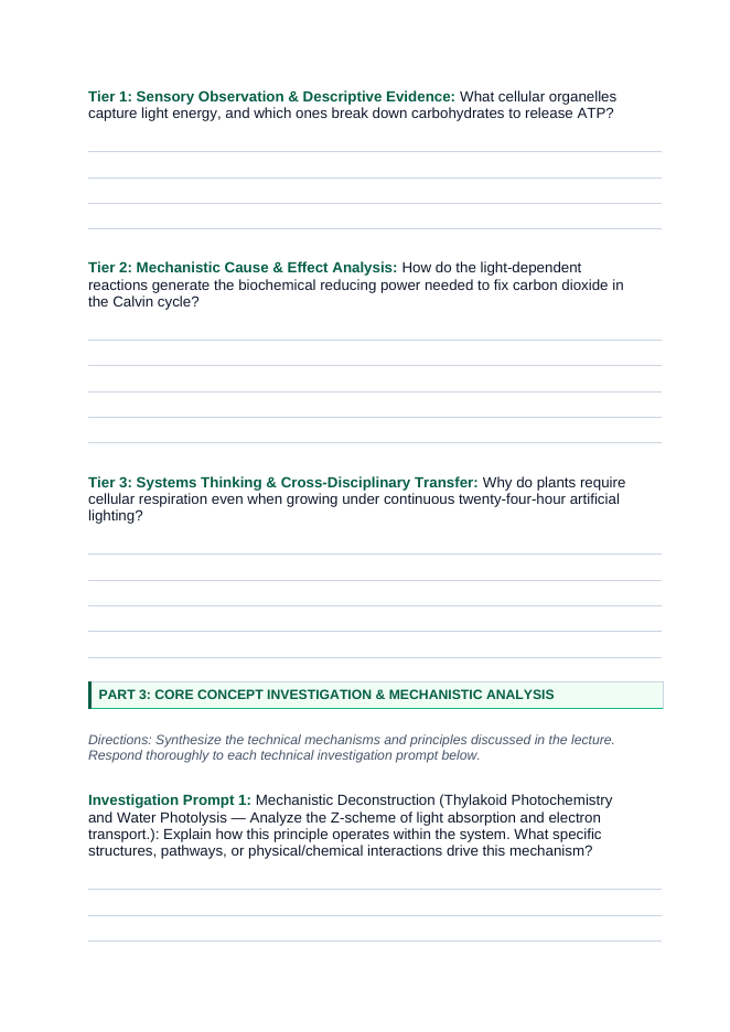 Photosynthesis, Respiration, & Plant Metabolism Phenomena-Based Lesson: The Photochemical Energy Transduction and Carbon Partitioning Paradox Student Response Sheet sample page