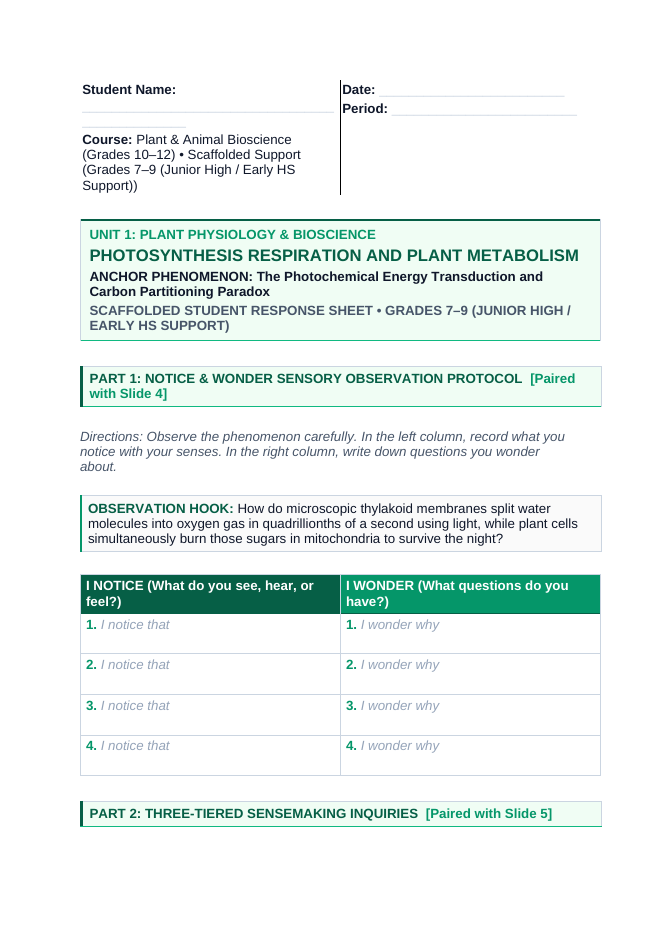 Photosynthesis, Respiration, & Plant Metabolism Scaffolded Phenomena-Based Lesson: The Photochemical Energy Transduction and Carbon Partitioning Paradox Student Response Sheet sample page