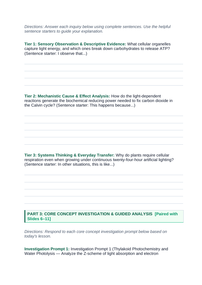 Photosynthesis, Respiration, & Plant Metabolism Scaffolded Phenomena-Based Lesson: The Photochemical Energy Transduction and Carbon Partitioning Paradox Student Response Sheet sample page