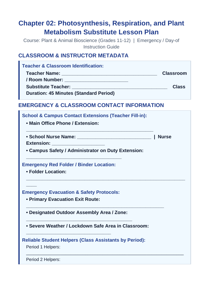 Photosynthesis, Respiration, & Plant Metabolism Substitute Lesson Plan sample page