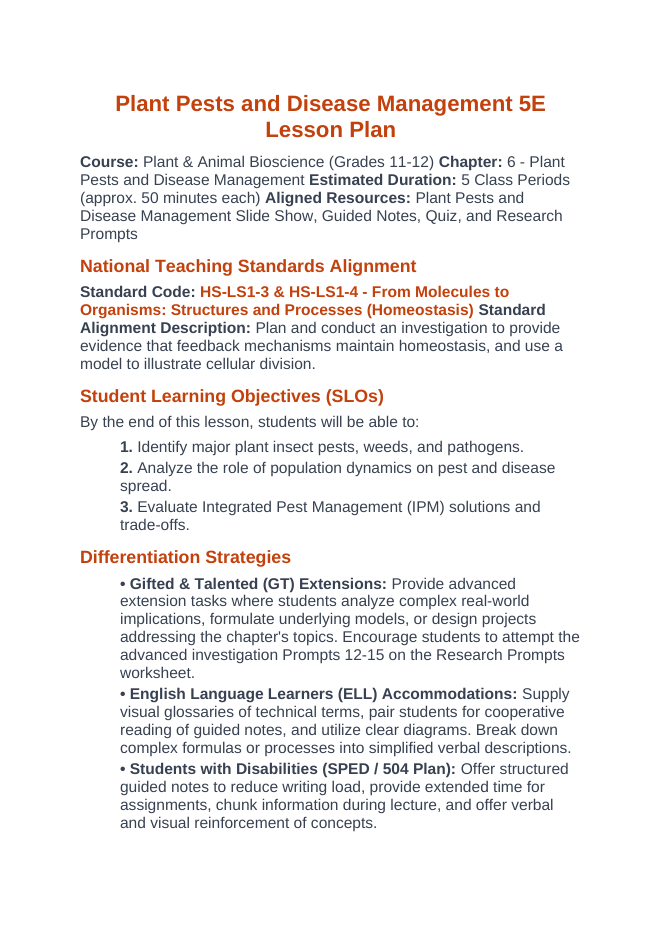 Plant Pests & Disease Management 5E Lesson Plan sample page