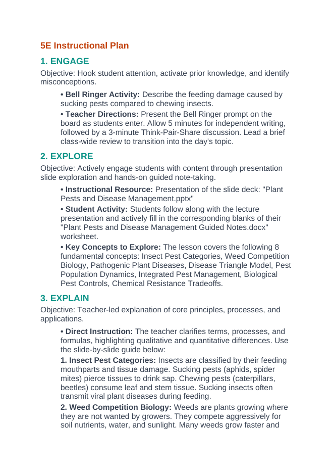 Plant Pests & Disease Management 5E Lesson Plan sample page