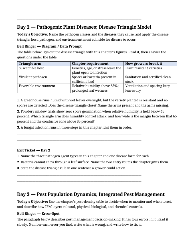 Plant Pests & Disease Management Bell Ringers & Exit Tickets sample page