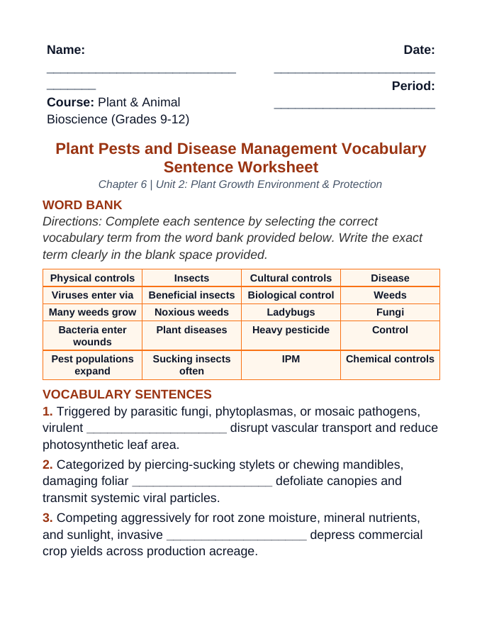 Plant Pests & Disease Management Fill-in-the-Blank Vocabulary Worksheet sample page