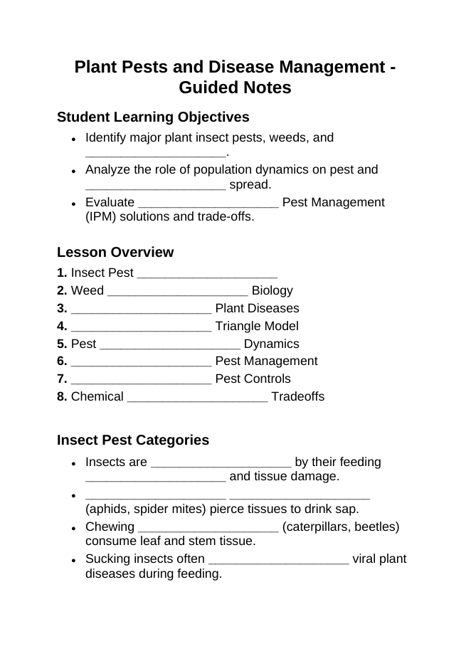 Plant Pests & Disease Management Guided Notes sample page