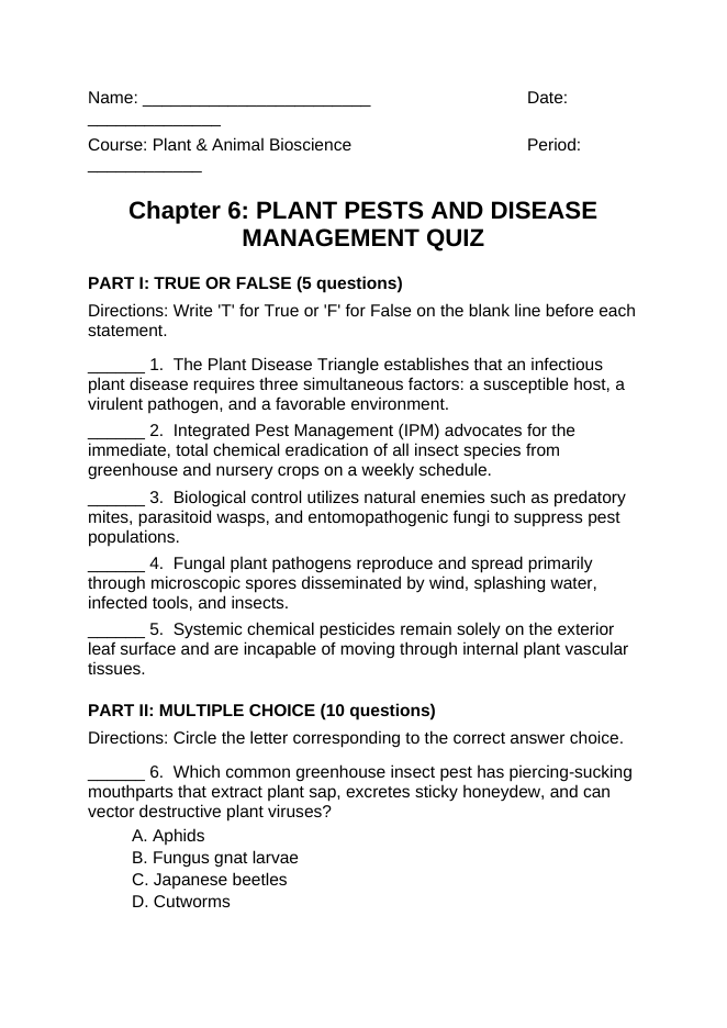 Plant Pests & Disease Management Lesson Quiz sample page