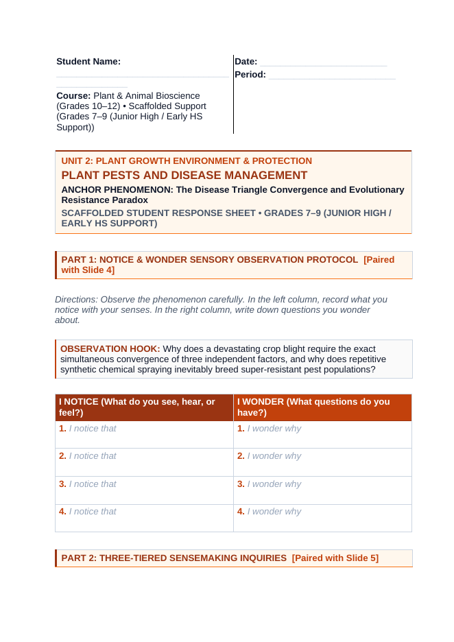 Plant Pests & Disease Management Scaffolded Phenomena-Based Lesson: The Disease Triangle Convergence and Evolutionary Resistance Paradox Student Response Sheet sample page