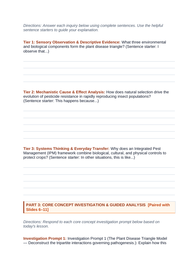 Plant Pests & Disease Management Scaffolded Phenomena-Based Lesson: The Disease Triangle Convergence and Evolutionary Resistance Paradox Student Response Sheet sample page