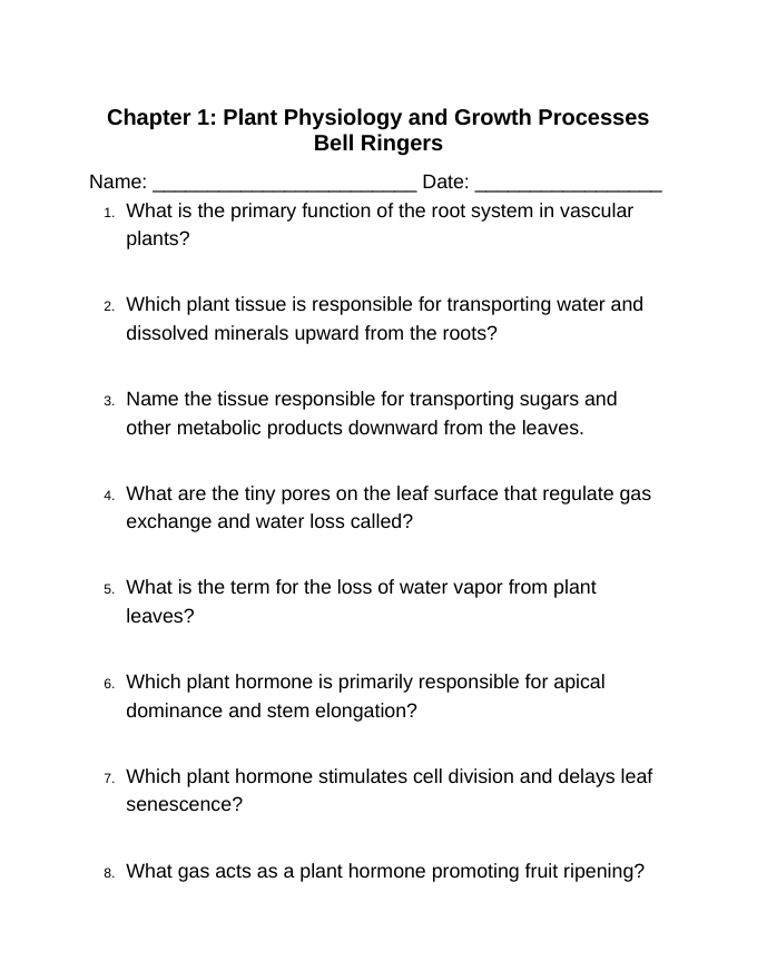 Plant Physiology & Growth Processes Bell Ringers & Exit Tickets sample page