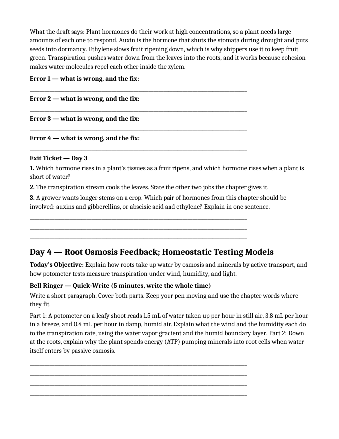 Plant Physiology & Growth Processes Bell Ringers & Exit Tickets sample page