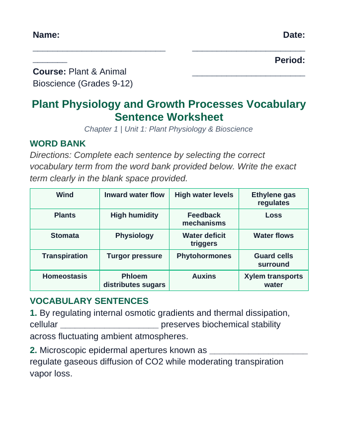 Plant Physiology & Growth Processes Fill-in-the-Blank Vocabulary Worksheet sample page
