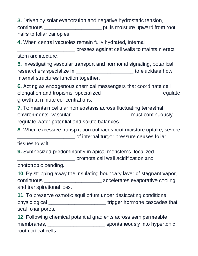 Plant Physiology & Growth Processes Fill-in-the-Blank Vocabulary Worksheet sample page