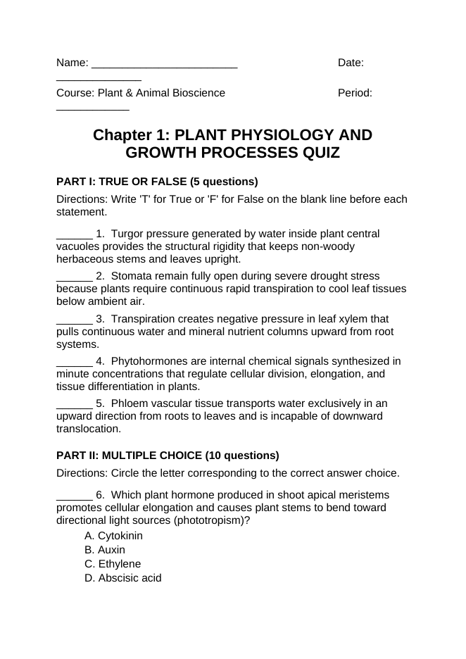 Plant Physiology & Growth Processes Lesson Quiz sample page