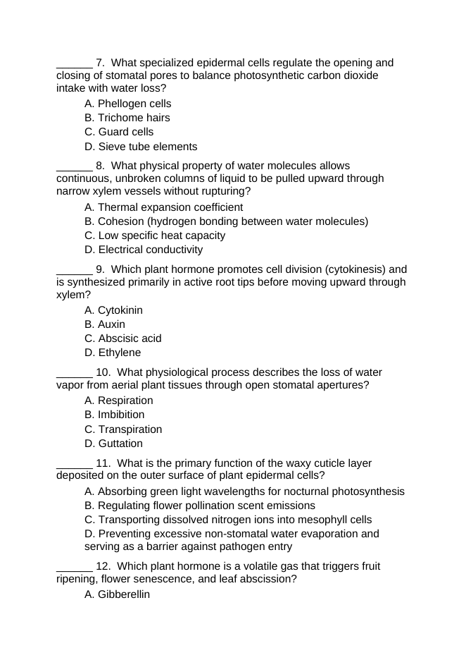 Plant Physiology & Growth Processes Lesson Quiz sample page