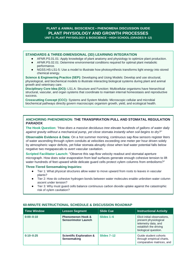 Plant Physiology & Growth Processes Phenomena-Based Lesson: The Transpiration Pull and Stomatal Regulation Paradox Teacher Discussion Guide sample page