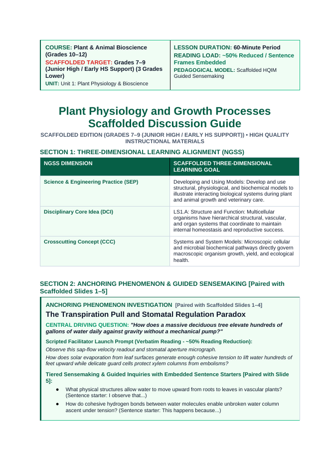 Plant Physiology & Growth Processes Scaffolded Phenomena-Based Lesson: The Transpiration Pull and Stomatal Regulation Paradox Teacher Discussion Guide sample page