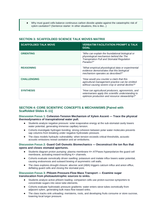 Plant Physiology & Growth Processes Scaffolded Phenomena-Based Lesson: The Transpiration Pull and Stomatal Regulation Paradox Teacher Discussion Guide sample page