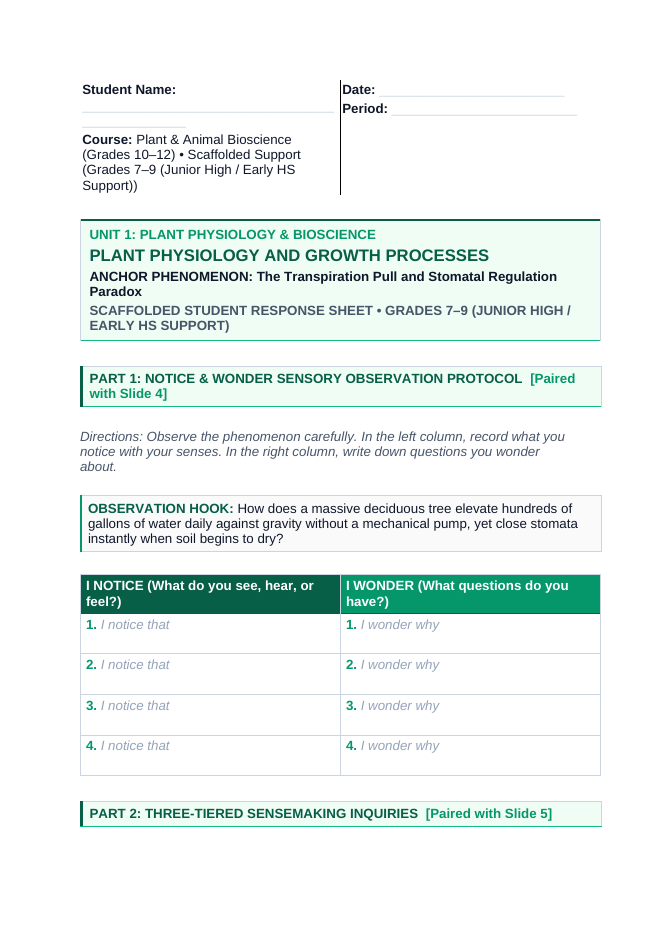 Plant Physiology & Growth Processes Scaffolded Phenomena-Based Lesson: The Transpiration Pull and Stomatal Regulation Paradox Student Response Sheet sample page