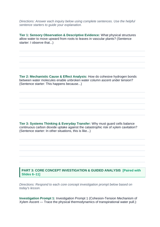 Plant Physiology & Growth Processes Scaffolded Phenomena-Based Lesson: The Transpiration Pull and Stomatal Regulation Paradox Student Response Sheet sample page