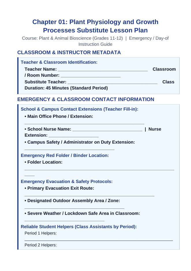 Plant Physiology & Growth Processes Substitute Lesson Plan sample page