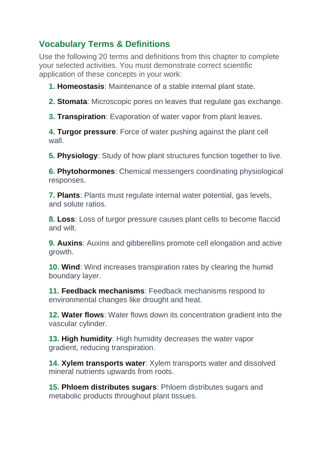Plant Physiology & Growth Processes Vocabulary Choice Board sample page