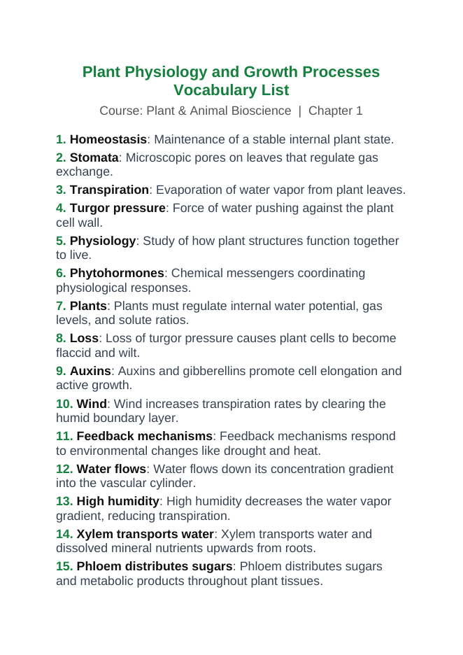 Plant Physiology & Growth Processes Vocabulary Words & Definitions sample page