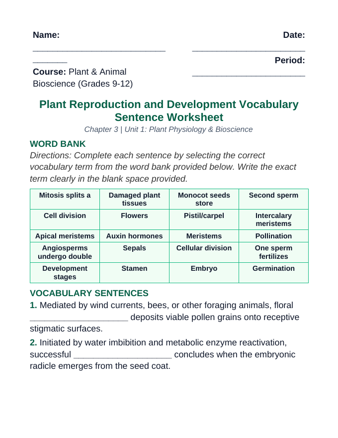 Plant Reproduction & Development Fill-in-the-Blank Vocabulary Worksheet sample page
