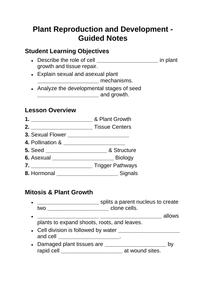 Plant Reproduction & Development Guided Notes sample page