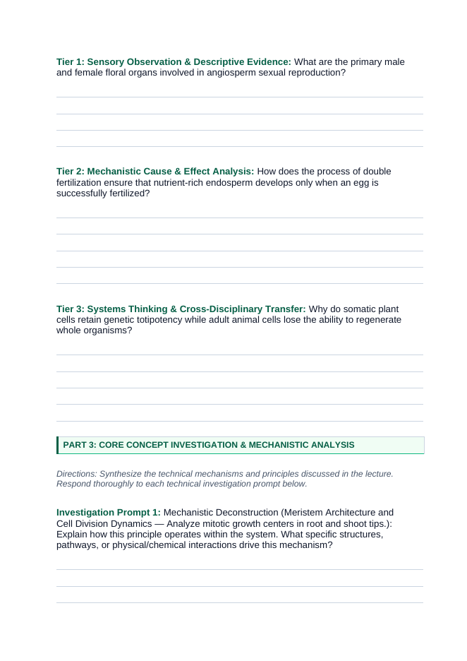 Plant Reproduction & Development Phenomena-Based Lesson: The Meristematic Totipotency and Double Fertilization Paradox Student Response Sheet sample page