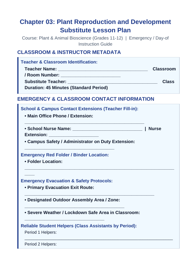 Plant Reproduction & Development Substitute Lesson Plan sample page
