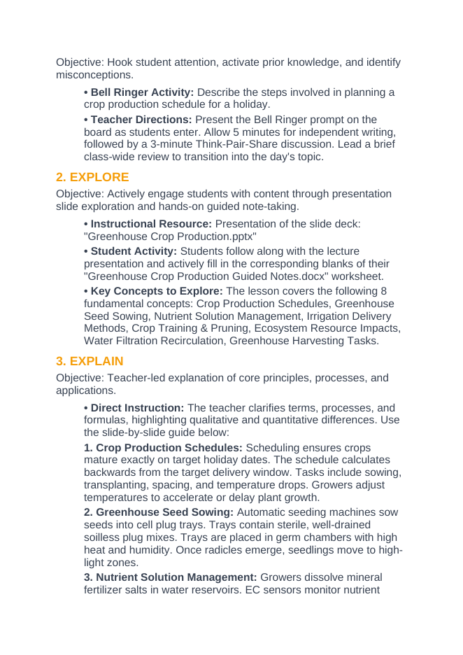 Principles of Protected Agriculture 5E Lesson Plan sample page