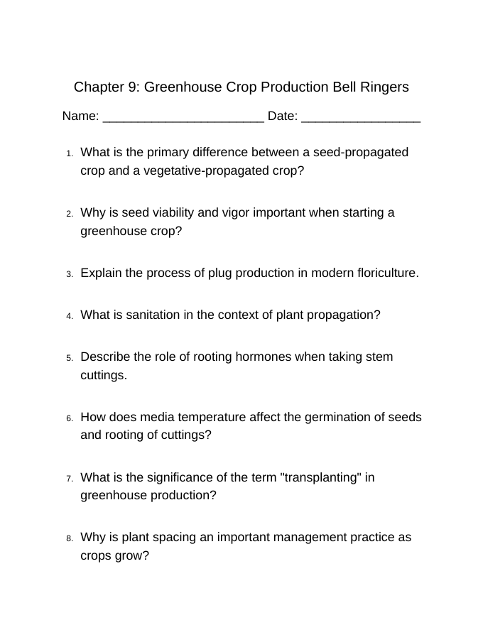 Principles of Protected Agriculture Bell Ringers & Exit Tickets sample page